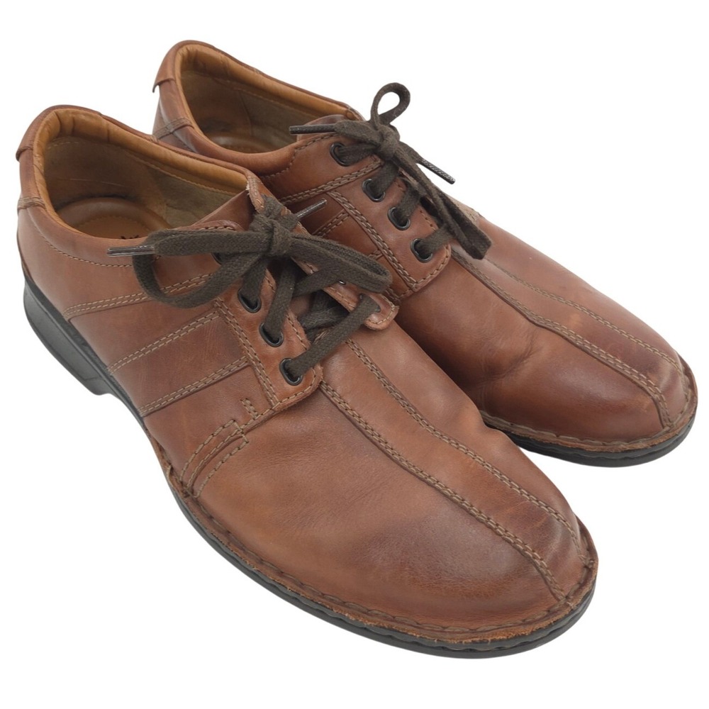 Clarks Oxford Shoes Mens 10 WIDE Brown Leather Stitched Cushion Soft OrthoLite